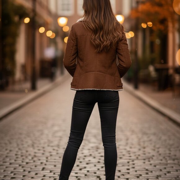 🔥 INDEX Women's Faux Shearling Aviator Biker Jacket – Size (L) - Picture 5 of 8